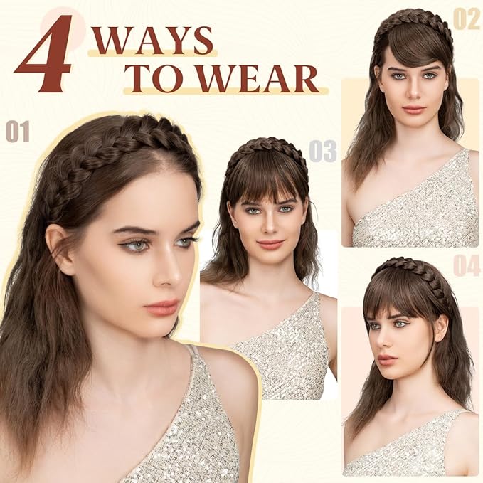 SARLA Braided Headband with 3 Detachable Clip in Bangs Fringe Hairpieces Fake Synthetic Hair Band Bangs for Women Middle Grey