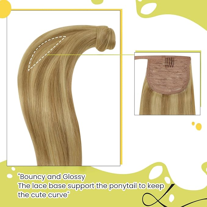 RUNATURE Human Hair Ponytail Straight, Ponytail Extension Human Hair, Real Hair Ponytail Extension Blonde, Remy Natural Hair Add Volume, 14 Inch 70g #16P24 Golden Blonde Highlights