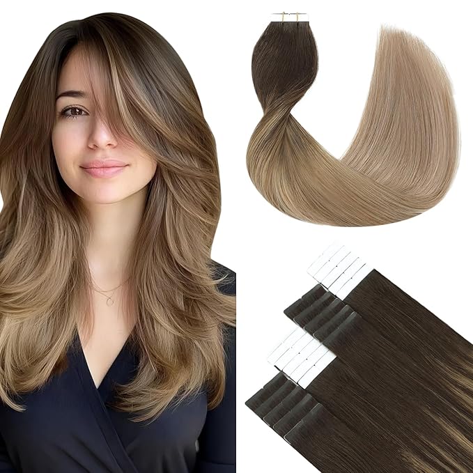 SURNEL Tape in Hair Extensions Human Hair Balayage 2 Dark Brown Fading to 6 and 18 Ash Blonde Human Hair Tape in Extensions 16inch 20 pcs 50g(#2/6/18-16)