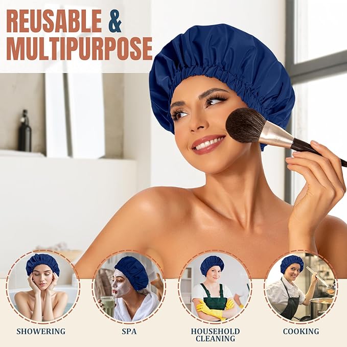 Reusable Shower Cap for Women, Stylish Large Waterproof Shower Bonnet Washable Wide Elastic Band Hair Cap for Long Hair, Braids Bath Hat(Navy)