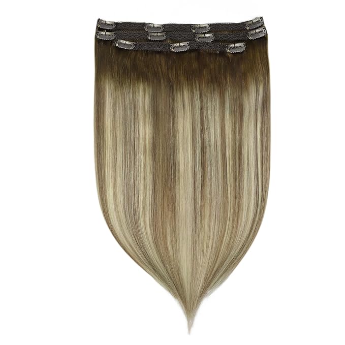 Full Shine Clip on Hair Extensions Human Hair 16 Inch Lace Clip in Extensions Real Human Hair Brown Ombre Ash Brown Mix Light Blonde Straight Remy Hair Extensions 3 Pcs 60 G