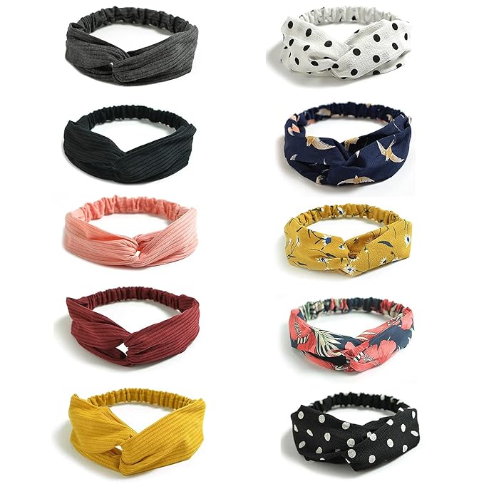 DRESHOW 10 Pack Boho Headbands for Women Girls Criss Cross Elastic Hair Band Twisted Head Wrap Floral Hair Accessories