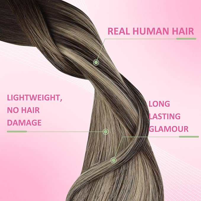 YoungSee Tape in Extensions Human Hair Balayage Tape in Hair Extensions Ombre Dark Brown to Ash Blonde 14 Inch Remy Human Hair Tape-in Extension for Women 20pcs 50g
