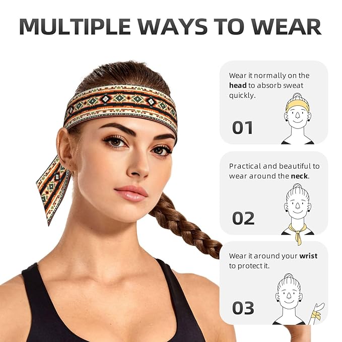 Men Women Cool Sports Sweatband Head Accessories for Yoga Fitness Spa, Elastic Multifunction Abstract Geometric Ethnic Tribal Style Hair Band Headdress