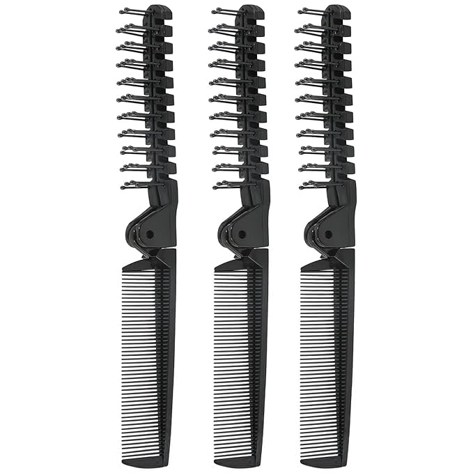 3PCS Travel Foldable Brush, Anti-Static Hair Comb and Double Headed Hairdressing Tool for Men & Women (Black)