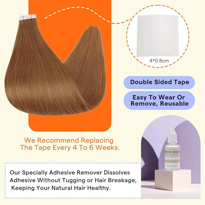 Full Shine Hair Extensions Real Human Hair Tape in Color 330 Orange Invisible Seamless Skin Weft Human Hair Tape in Extensions 16 Inch 50 Grams Straight Natural Extensions for Women Real Hair 20PCS