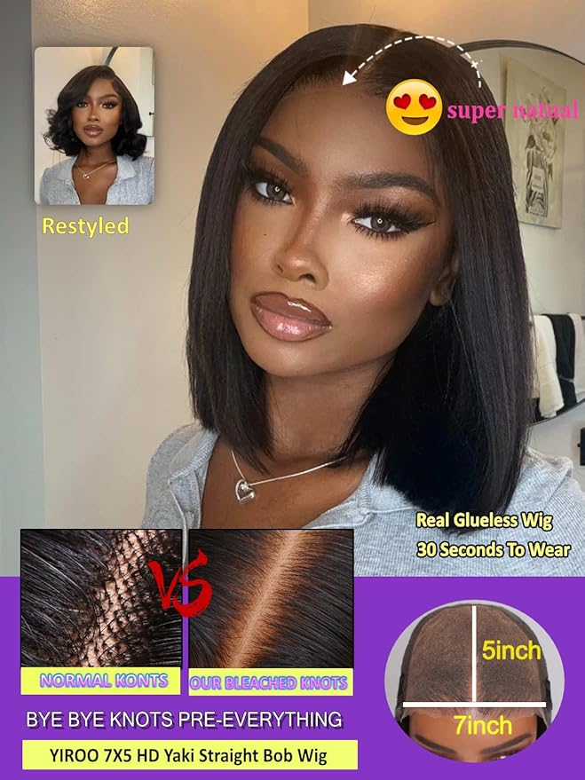 YIROO Yaki Straight Bob Human Hair Drawstring Wigs Pre Cut 7x5 HD Lace Front Wig Bye Bye Knots Glueless Yaki Short Bob Human Hair Wigs Pre Plucked Invisible Knots 150% Density Ready to Go 12Inch