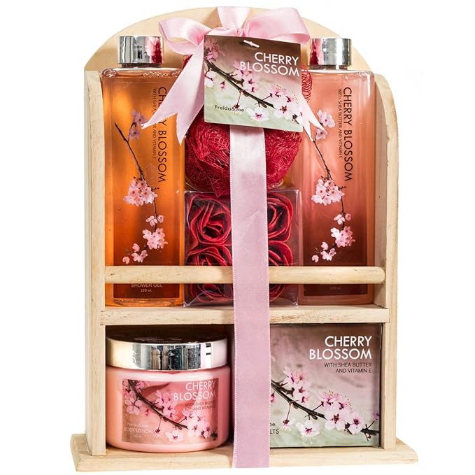 Deluxe Cherry Blossom Spa Basket - Home Spa Set with Bubble Bath, Bath Salts, Body Lotion, Bath Puff, and Rose Soaps in Wooden Curio