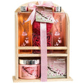 Deluxe Cherry Blossom Spa Basket - Home Spa Set with Bubble Bath, Bath Salts, Body Lotion, Bath Puff, and Rose Soaps in Wooden Curio