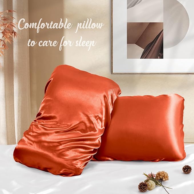 Manyshofu Satin Pillowcases for Hair Protection - 2Pcs Burnt Orange Pillow Cases, Elastic Band Standard & Queen Satin Pillowcases Luxury Silky Pillow Cases Travel Pillow Covers
