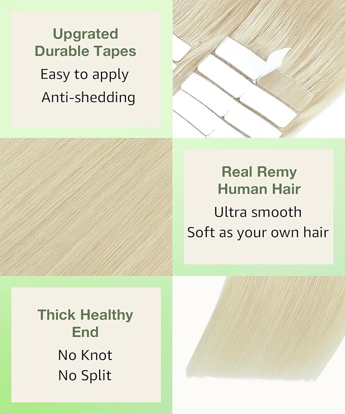 SURNEL 22 inch Tape in Hair Extensions Human Hair Color #60 Platinum Blonde Remy Tape in Hair Extension 20pcs 50g(#60-22)