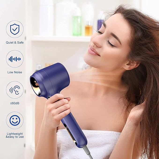 Hair Dryer, Ionic Blow Dryer, 110, 000 RPM Brushless Motor for Fast Drying, Low Noise, Memory Function, Reduce Frizz, Hollow，Professional High Speed Hairdryer with 2 Magnetic Nozzles for Home, Salon