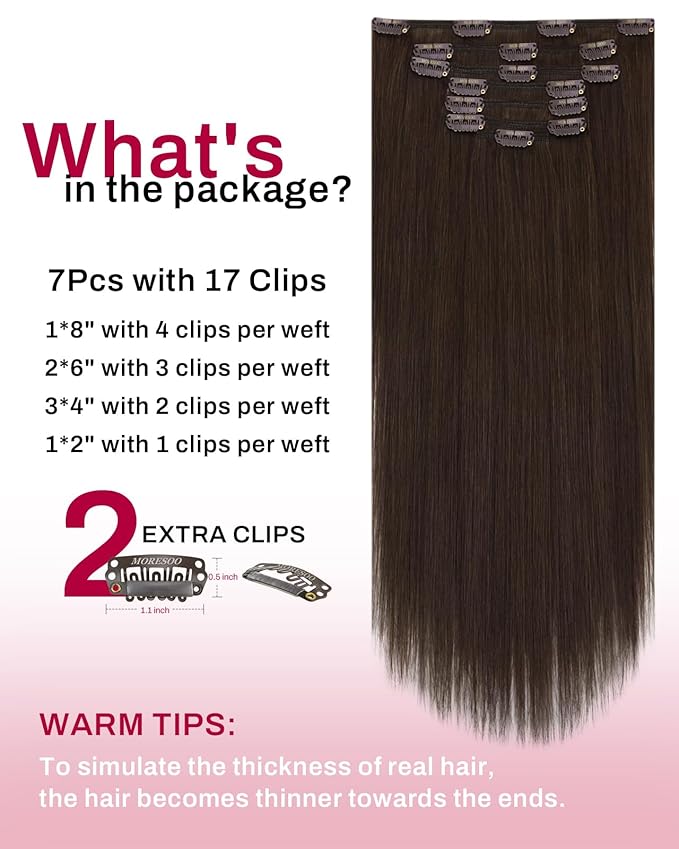 Moresoo Human Hair Clip in Extensions Medium Brown Double Weft Clip in Hair Extensions Human Hair Brown Remy Clip Hair Extensions Real Human Hair Full Head 7pcs/120g 22 Inch