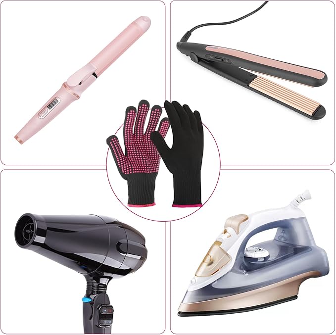 2 Pcs Heat Resistant Gloves With Silicone Bumps, Professional Thermal Styling Gloves for Women, Black, 9.36 x 4.68 inches