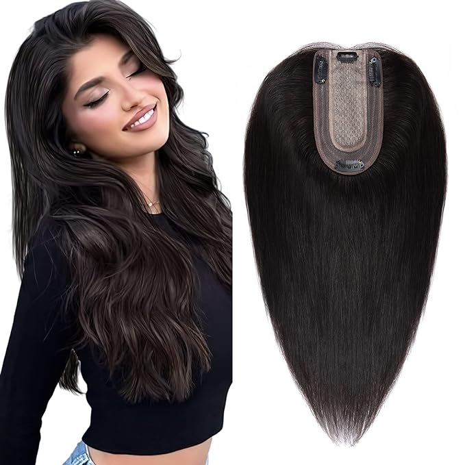 SEGO Real Human Hair Topper for Women, No Bangs Hair Topper with Anti-Slip Clips (18 Inches 1B Natural black)