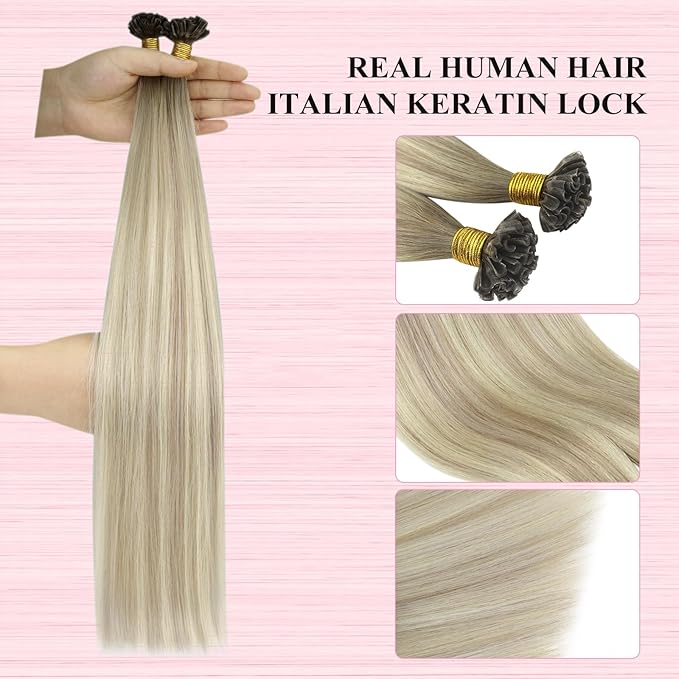 YoungSee U Tip Hair Extensions Real Human Hair Ash Blonde Ombre Blonde Balayage UTip Remy Hair Extensions 14In 50G/50S