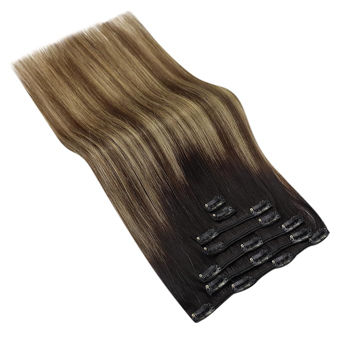 Ve Sunny Clip in Hair Extensions Real Human Hair Black Ombre Human Hair Clip in Extensions Black Balayage Brown with Blonde Clip in Human Hair Extensions 22inch 120g