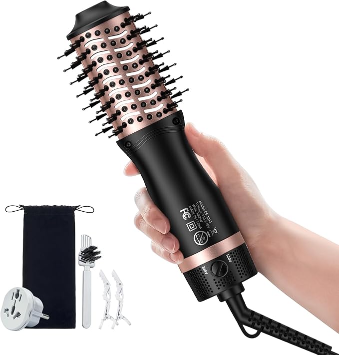 slopehill Mini Travel Dual Voltage Hair Dryer Brush,1000 Watts Hot Air Brush with European Plug, Ionic Hair Dryer and Styler for Women, Oval Barrel 2 Heat & 2 Speed Settings for International Travel