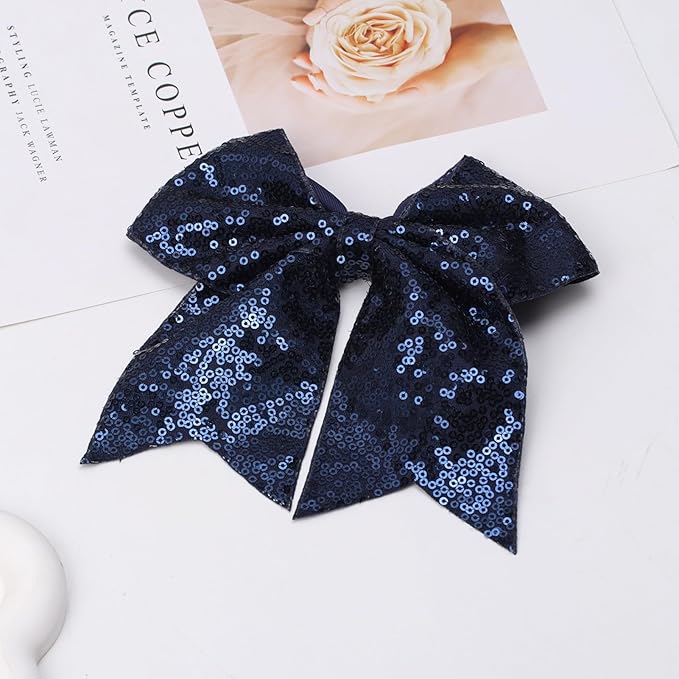 Large Glitter Cheer Bows Clips, Jumbo Big 7 Inch Cheerleading Sequin Hair Bow Hair Accessories for Teens Girls Football Sports Cheerleader Outfit Uniform (Navy Blue)
