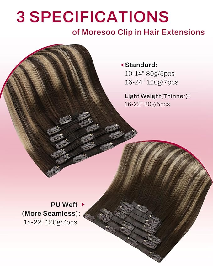 Moresoo Ombre Brown Clip in Hair Extensions Dark Brown to Caramel Blonde Balayage Real Hair Extensions Clip in Human Hair Full Head 16 inch 120g/7pcs