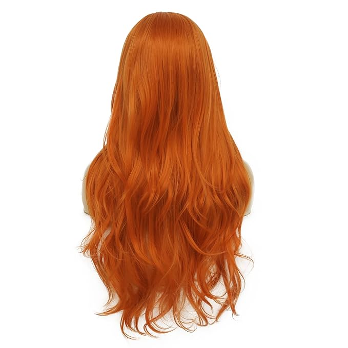 Baruisi Long Curly Wavy Orange Wigs for Women Side Part Natural Looking Synthetic Cosplay Hair Wig,Orange
