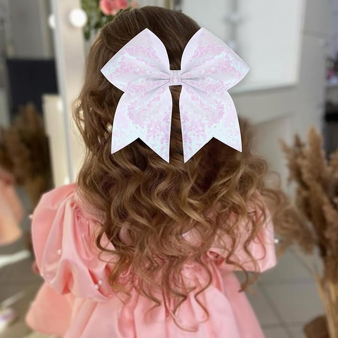 Large Glitter Cheer Bows Clips, Jumbo Big 7 Inch Cheerleading Sequin Hair Bow Hair Accessories for Teens Girls Football Sports Cheerleader Outfit Uniform (White)