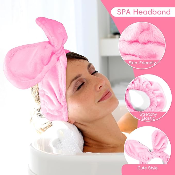 Hair Band for Washing Face, Adjustable Skincare Spa Headband and Wristband Set for Women Girl, Makeup Hair Headbands Cute Pink Versatile Fun Gift for Friend