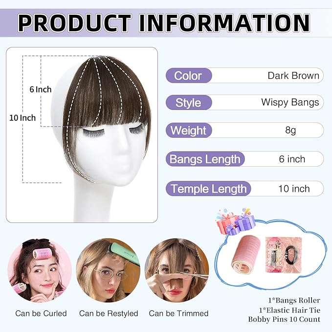 Wispy Bangs Hair Clip, 100% Human Hair Clip In Dark Brown Bangs for Women, Soft Layered Fake Bangs with Feathered Fringe, Easy Clip-On Design for Daily Wear & Halloween