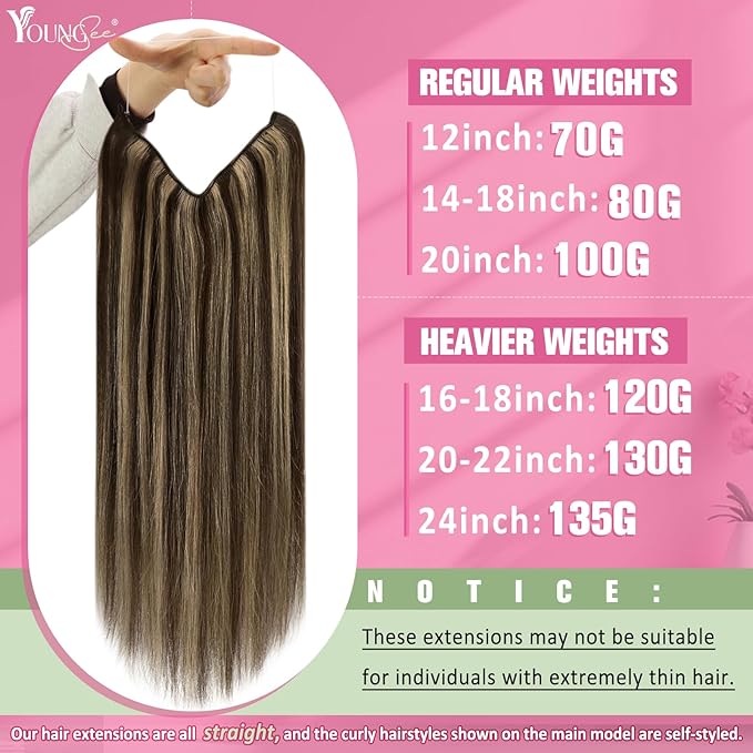 YoungSee Invisible Wire Hair Extensions Brown Highlights Human Hair Wire Extensions Dark Brown Highlight Caramel Blonde Headband Hair Extensions for Women 16inch 80g