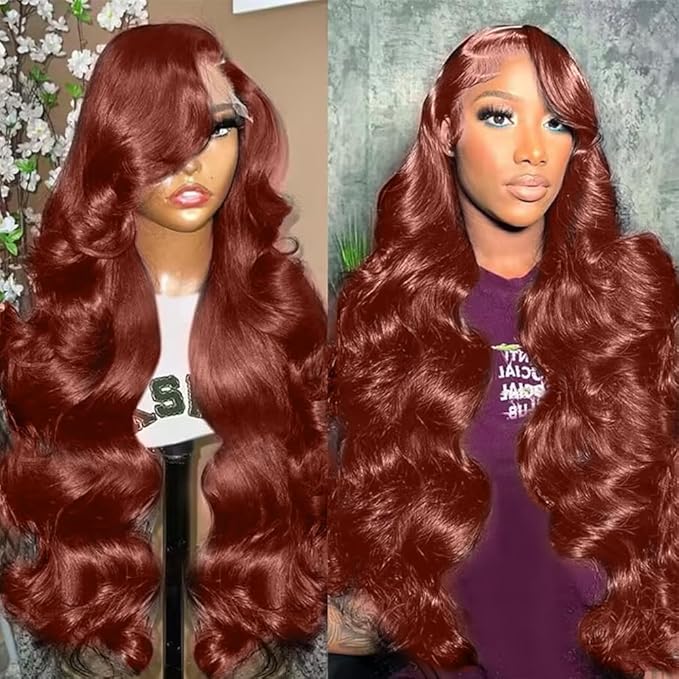 200% Density Reddish Brown Colored Human Hair Lace Front Wigs 13x4 Glueless Wigs Human Hair Pre Plucked Body Wave Glueless Wigs Human Hair Transparent HD Lace Frontal Human Hair Wigs 22Inch