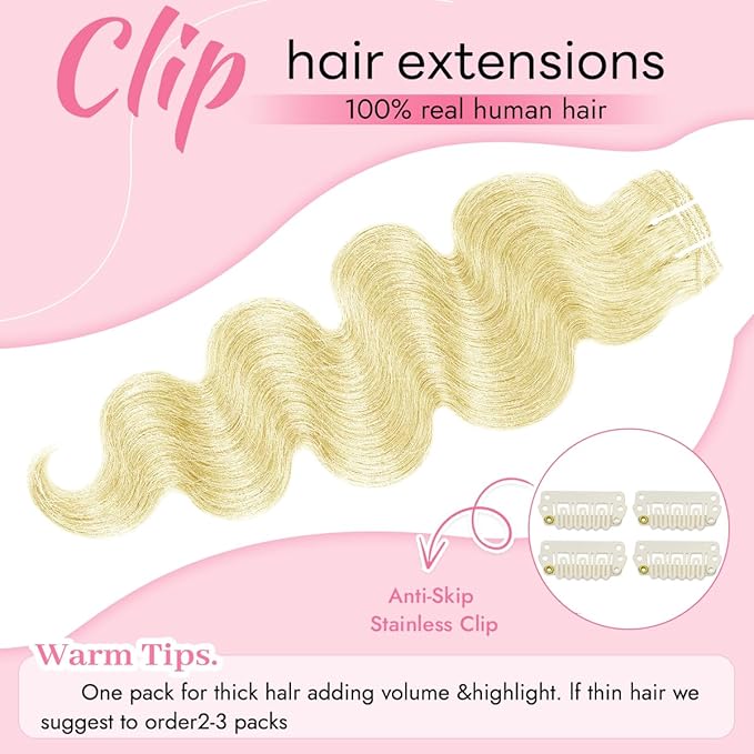 Clip in Hair Extensions Real Human Hair Body Wave 613 Bleach Blonde Clip in 100% Brazilian Remy Human Hair Extensions 8pcs Per Set with 18 Clips Double Weft 20 Inch 105g/3.6oz