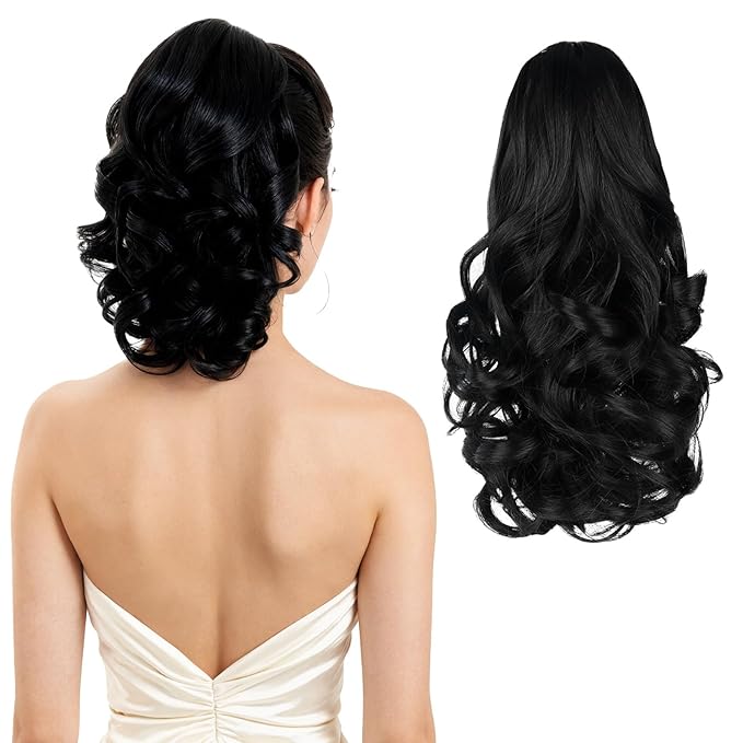 Ponytail Extension, Clip on Ponytails for Women, 12" Claw Clip in Short Curly Wavy Pony Hair Extension for Women - Black