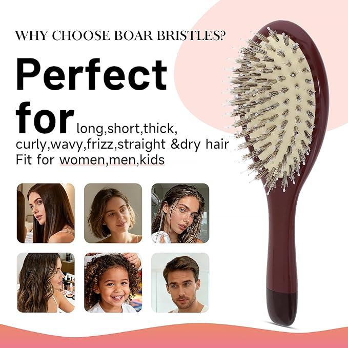 Boar Bristle Hair Brush -boar bristles + nylon pins， Smoothes & Detangles All Hair Types, Hairbrush for Women, Men & Kids, Distributes Oils for Natural Shine & Stimulates Scalp