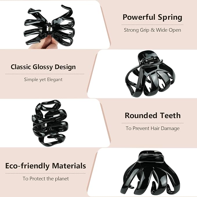 MAORULU Big Claw Hair Clips for Women and Girls, Strong Hold, 6 Packs (Black, Clear, Tortoise)