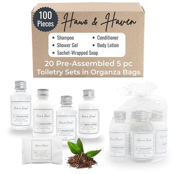 Haus & Haven Hotel Toiletry Sets - 20 Pre-Assembled 5-Piece Guest Amenities in Organza Bags - shampoo, conditioner, shower gel, body lotion and bar soap - White Tea Scent