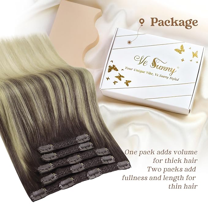 Ve Sunny Human Hair Clip in Extensions Invisible Clip in Hair Extensions Balayage Clip in Human Hair Extensions Dark Brown Ombre Golden Blonde Mix Light Blonde Daily Use Charming 7pcs 120g 20inch