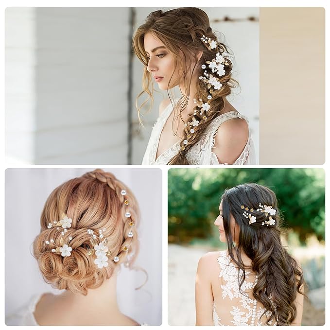 15Pcs Pearl Wedding Hair Pins Set, Floral Bridal Hair Clips with Gold Leaves, Vintage Hair Jewelry for Women Bridesmaids Flower Girls Wedding Hairstyles Accessories (Gold)