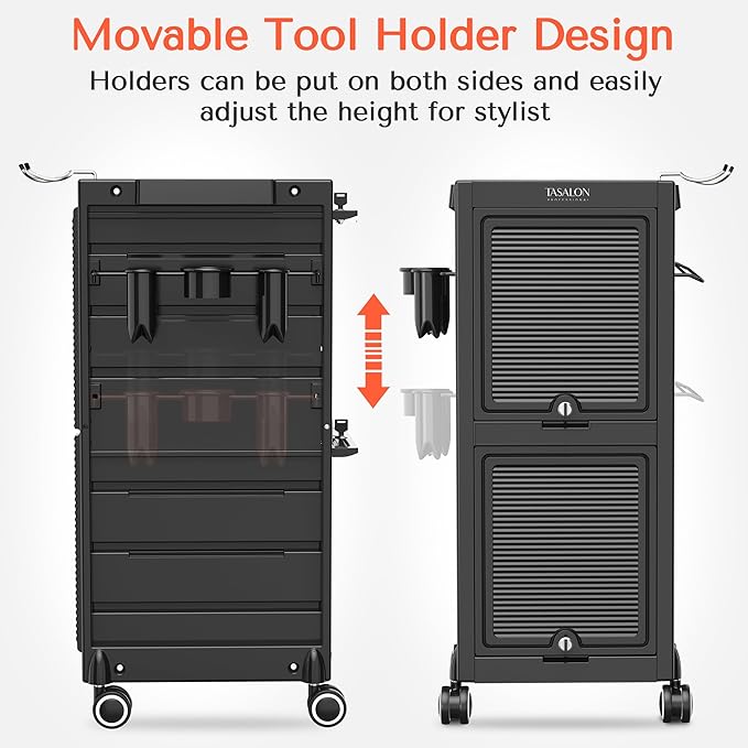 TASALON Professional Salon Trolley Cart, 6 Drawers with Dividers, Lockable Storage,Versatile Salon Cart for Hair Stylist, Hair Tool Holders, Black