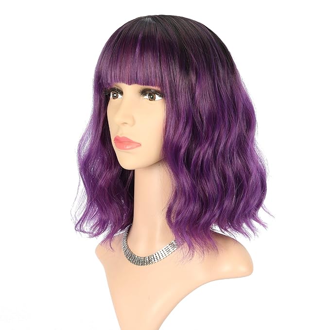 FAELBATY Purple Wig With Bangs Short Bob Synthetic Cosplay Wig for women Costume Wigs (12" Ombre Dark Purple Color)