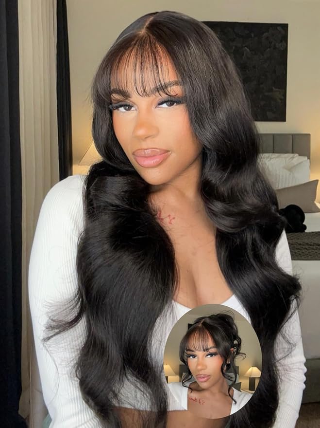 Julia Hair Bye Bye Knots Curtain Bangs Wig Glueless Fluffy Natural Loose Wave Pre Cut 7x5 HD Lace Front Wigs Invisible Pre Plucked Pre Everything Body Wave Put on and Go Wig for Women 20 Inch
