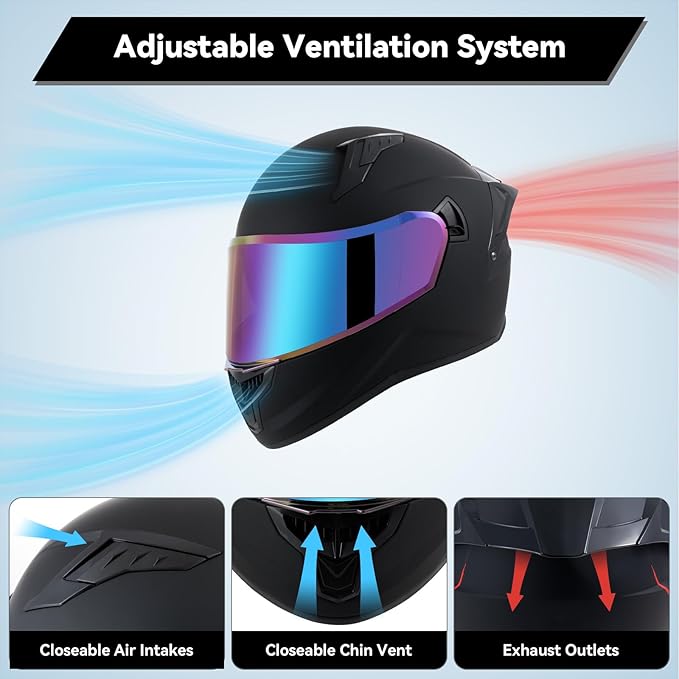 Full Face Motorcycle Helmets for Adult Men Women, DOT Approved Street Bike Racing Helmet Dual Visor Quick Release Buckle, Motorbike ADV Moped Helmet with Extra Clear Visor