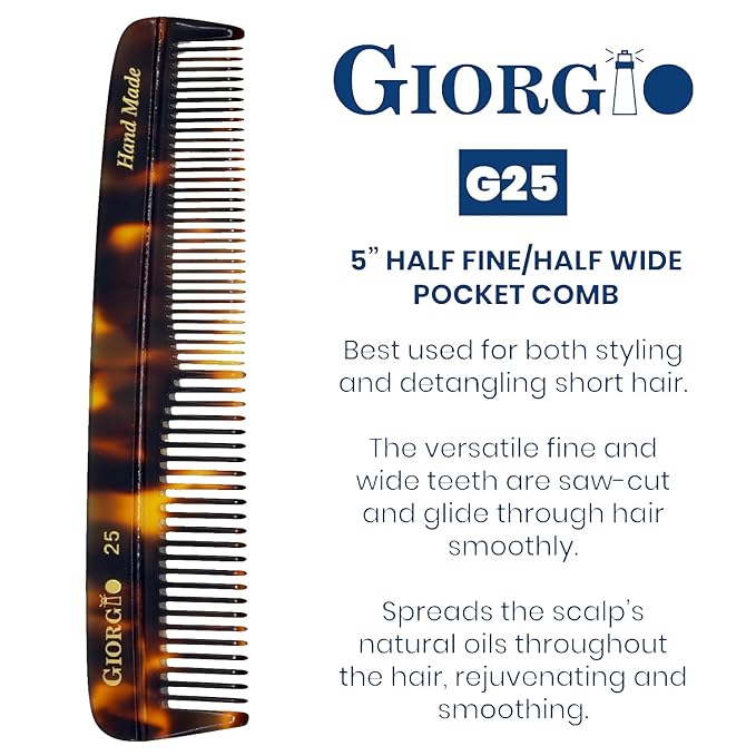Giorgio G25 FineTooth and WideTooth Pocket Comb - Hair Styling Comb for Men and Women, Handmade Beard Combs for Men, Barber Combs, for Grooming,Saw Cut and Polished