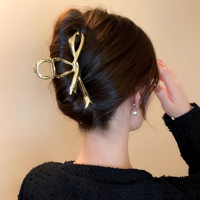 Gold Ribbon Bow Hair Clips - Alloy Non-Slip Claw Clips with Strong Hold Grip for Thick, Thin Hair Accessories (1Pcs)