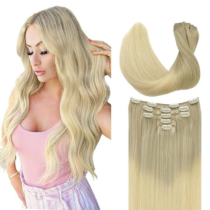 DOORES Classic Clip Seamless Clip, 5pcs 75g 14 Inch Balayage Ash Blonde to Golden Blonde and Platinum Blonde
