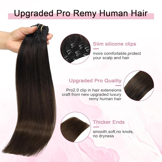 Pro2.0 Remy Real Human Hair Extensions Clip ins 120g Thick 7pcs Color #1BT4 Natural Black Fading to Middle Brown Remy Clip in Hair Extensions Real Human Hair 16inch Double Weft（#1BT4-16inch）
