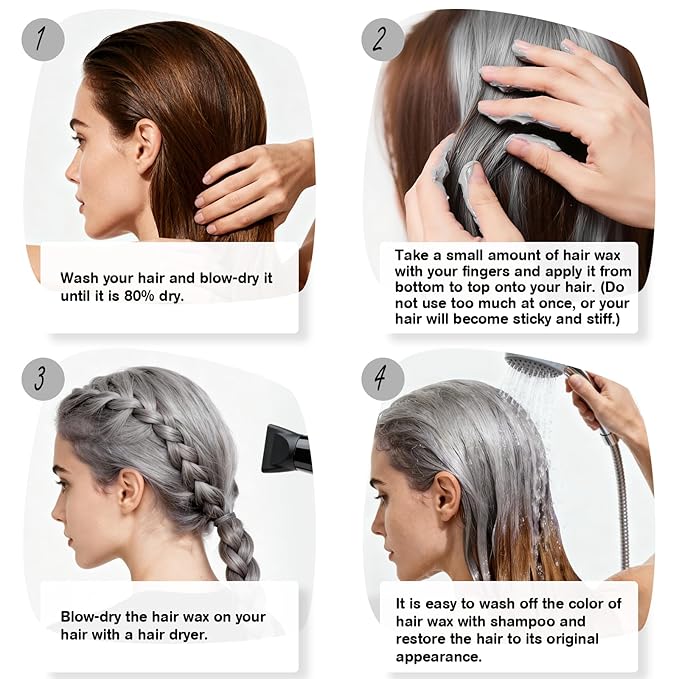 Temporary Silver Gray Hair Spray Color, Luxury Coloring Mud Grey Hair Dye Wax,Washable Treatment Hair Color Wax with All Day Hold works on white hair/non-pigmented hair for Party, Cosplay (1, Gray)