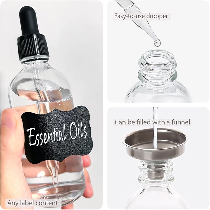 3.4 oz Glass Dropper Bottles,4 Pack 100ml Empty Reusable Leak Proof Thick Tincture Bottles for Essential Oils,Hair Oil,Liquids,Laboratory,Pharmacist Bottle,Massage,Perfumery Aromatherapy