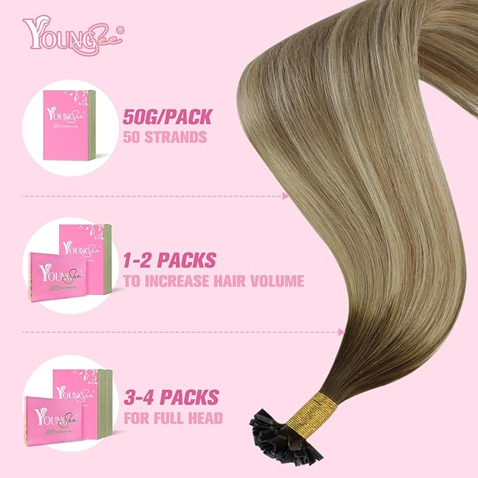 YoungSee K Tip Hair Extensions Balayage 18In Keratin Hair Extensions Human Hair Ombre Dark Brown to Brown with Blonde Straight 50s/50g