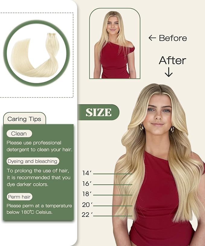 SURNEL Injection Tape in Hair Extensions 20 Inch Platinum Blonde Seamless Invisible Human Hair Tape in Extensions 20Pcs 45g(#60,20)