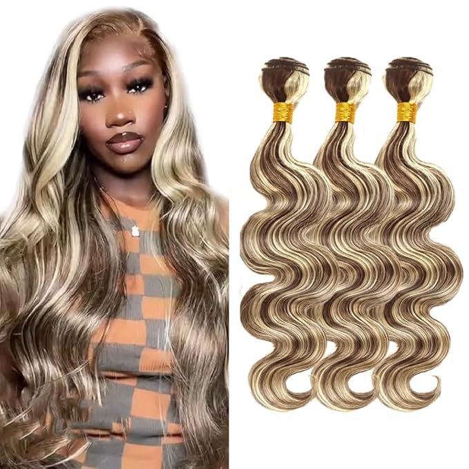 Highlight Human Hair Bundles Blonde Body Wave Bundles 12 14 16 Inch Niegmeag Brazilian Virgin Remy Hair Extensions Double Weft Real 2 Tone Blonde Mixed With Brown Bundle Hair Weave
